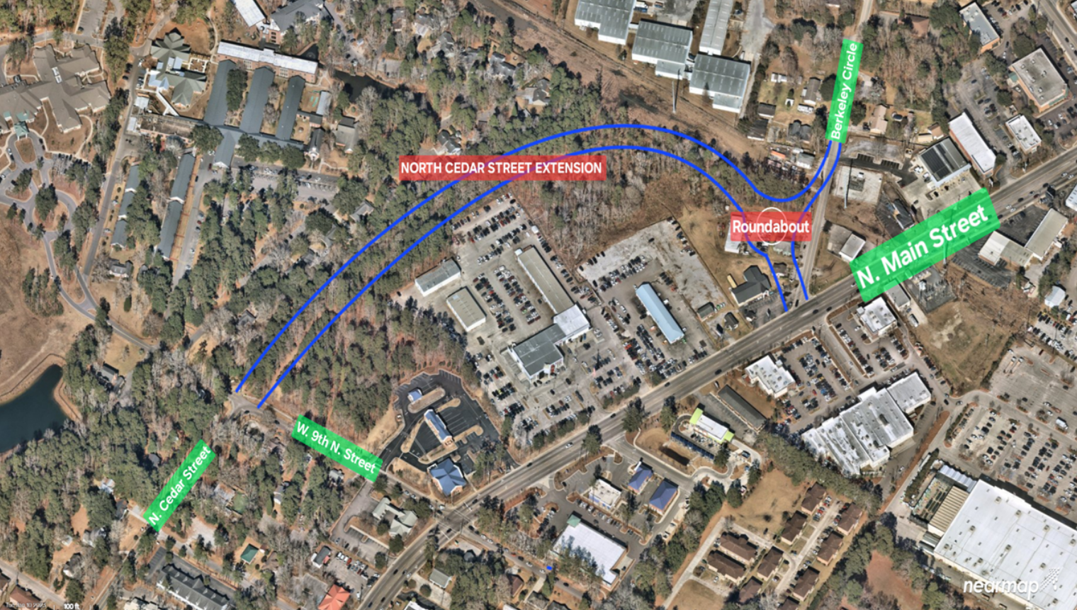 Map of the N. Cedar St. Extension that would connect N. Cedar to N. Main St. and Berkley Circle with a roundabout.