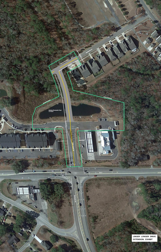 Aerial view of Linger Longer Drive, with the proposed new roadway to tie into Headwaters Drive overlayed on the image. 