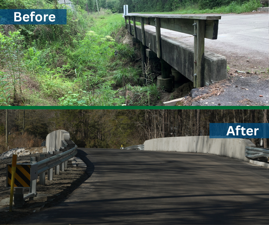 Before image of an older bridge above the after image of the bridge replacement project. 