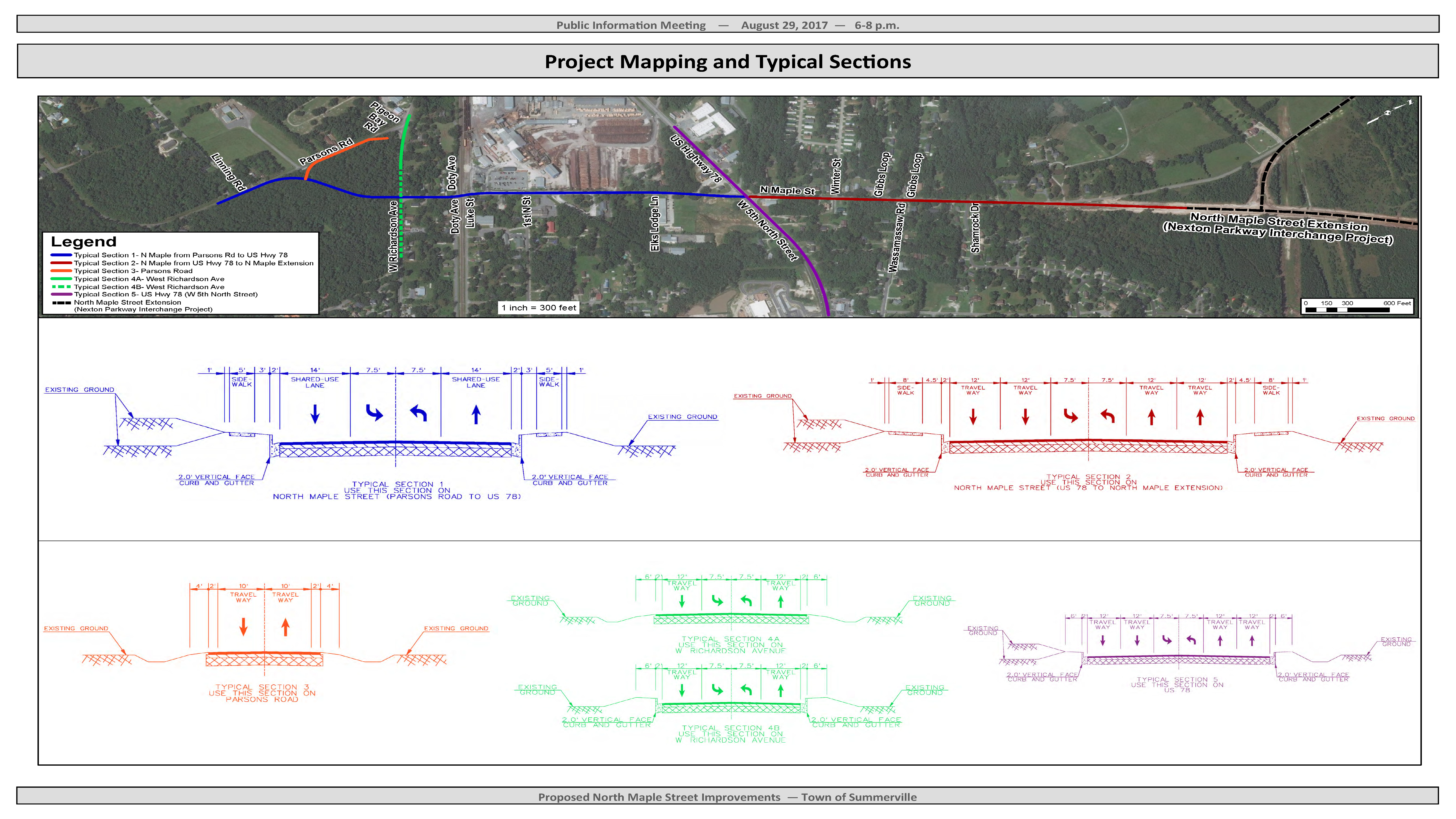 Technical document depicting the project map and typical section. Contact Transportation@dorchestercountysc.gov for additional image details. 