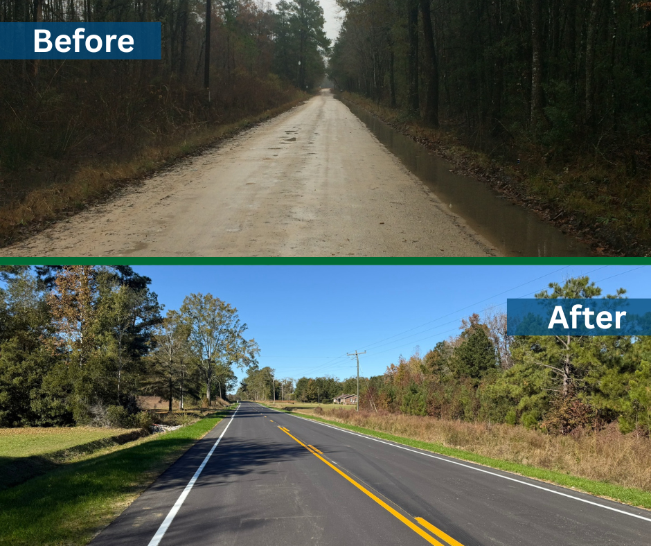 A before photo of a dirt road and an after photo of a two-lane paved road. 